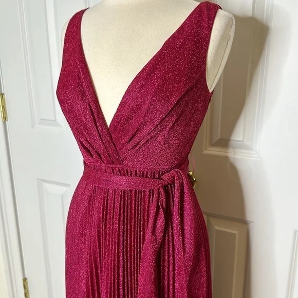Maniju Magenta Sparkle V Neck Pleated Maxi Dress SzMedium - Picture 3 of 8